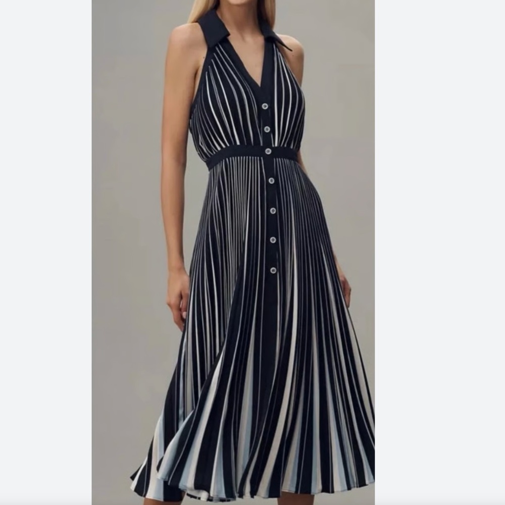 Anthropologie Blue and White Striped Halter Pleated Midi Dress Size Medium